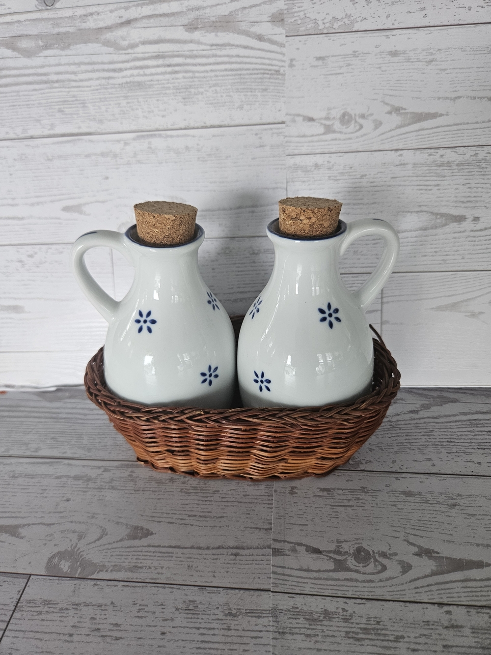 Vintage Ceramic Oil & Vinegar Cruet Set with Cork Stoppers